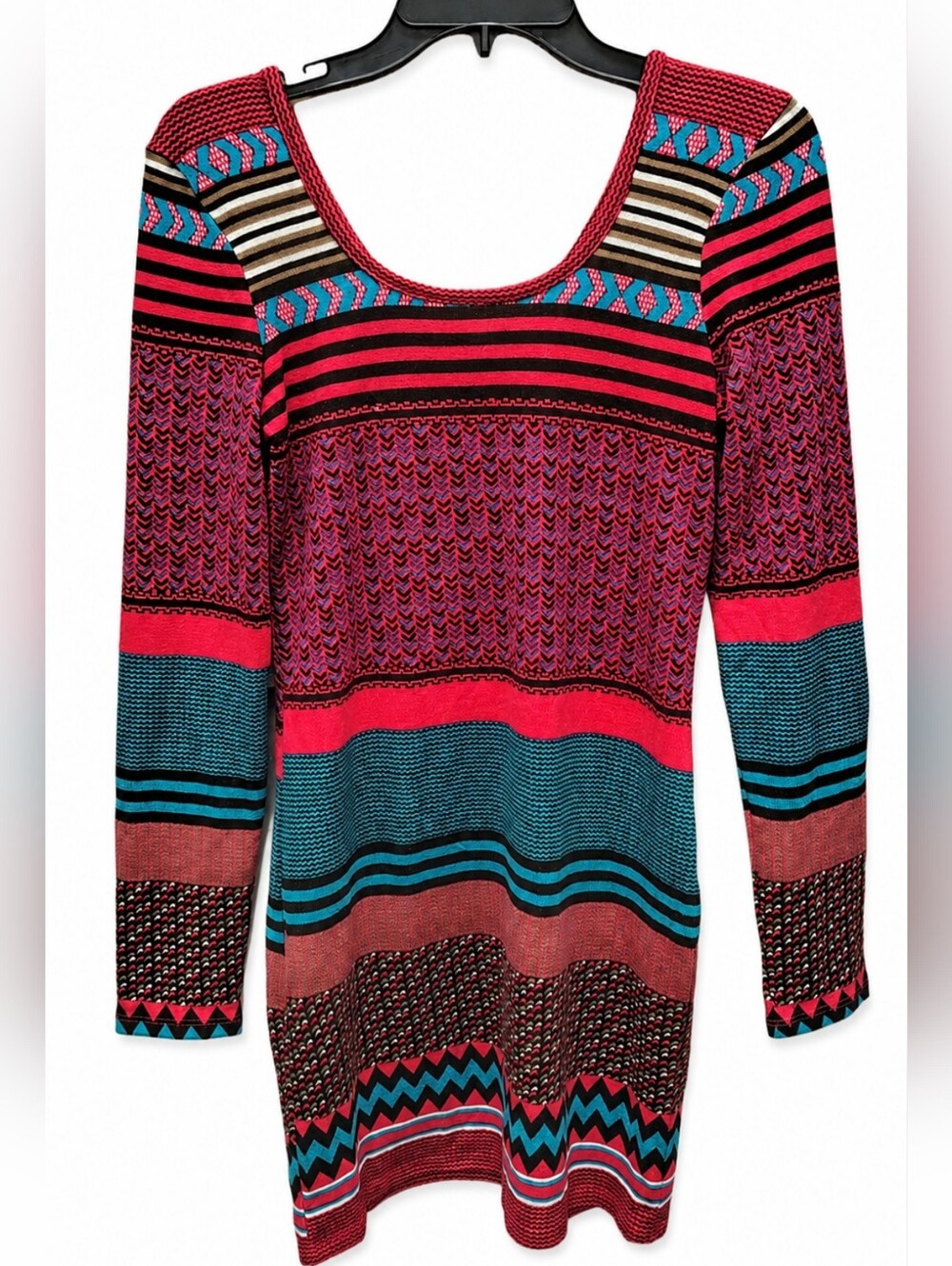 Women's Size Medium Long Sleeve Scoop Neck Multicolor Dress - Pink/Teal